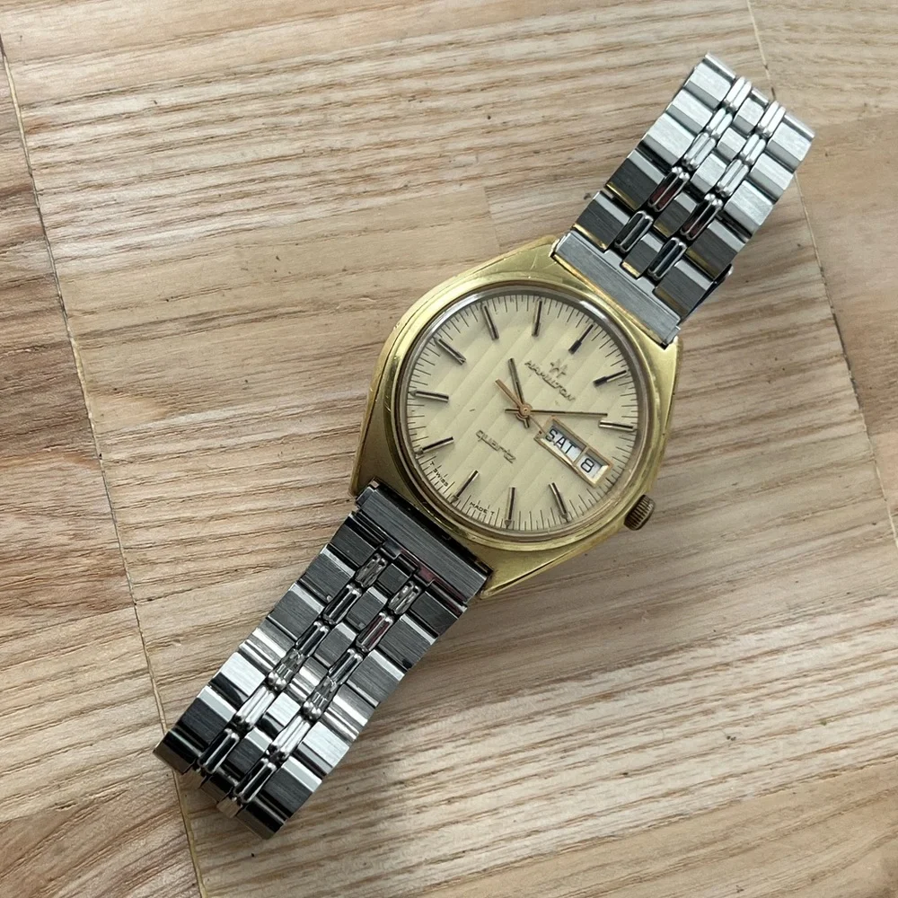 Hamilton 14K Gold Plated Rare Vintage Men’s Watch Stainless Bracelet Gold Dial